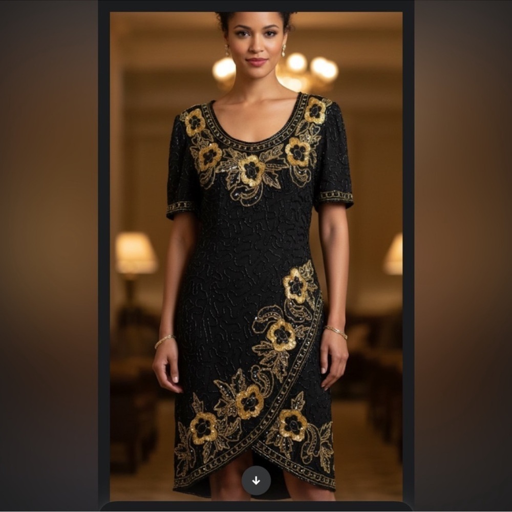 Stenay vintage 80's/90's sequin beaded gold wiggle dress size 8 handmade